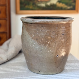 Antique Salt Glazed Stoneware Canning Crock | Greige Stoneware Crock | Geo. Husher Brazil, IND Pottery
