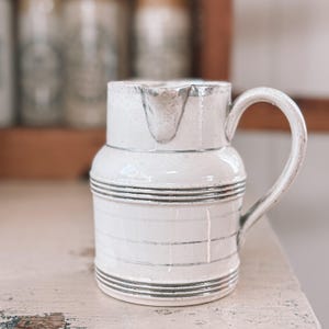 Antique Ironstone Pitcher | Antique White Ironstone Jug | Antique Ironstone Serveware Pitcher | Silver Banded Pitcher