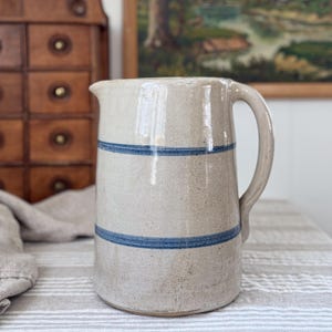 Antique Stoneware Pitcher with Blue Stripe Detail | Tan Glazed Jug | Classic Farmhouse Vessel