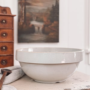 Large Antique Stoneware Mixing Bowl | Tan Stoneware Crock Mixing Bowl | Transitional Decor | Farmhouse Kitchen | Fruit Bowl | Cottage Decor