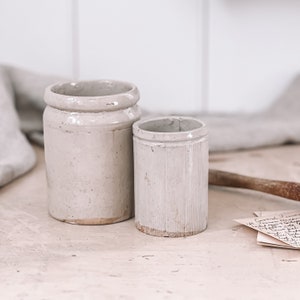English Stoneware Jars | Antique English Stoneware Jam Jars | Jelly Crocks | Tan Pottery Crock | Flower Vase | Farmhouse + Cottage Decor