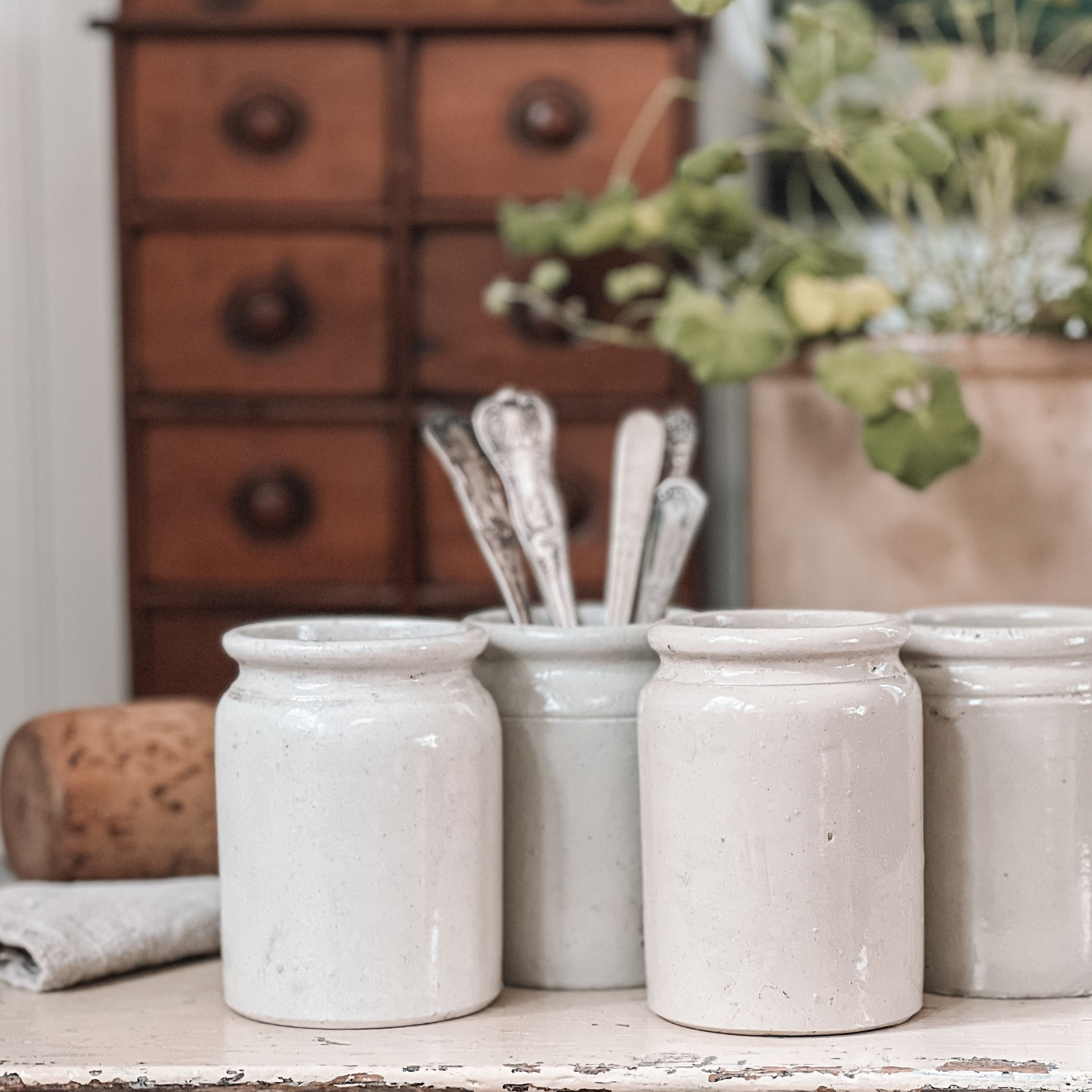 Antique English Stoneware Roll Top Marmalade Jars, Stoneware Jam Pots