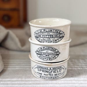Può includere: Una pila di tre contenitori in ceramica color bianco sporco con testo stampato in nero. Il contenitore superiore riporta G.W. PLUMTREE MANUFACTURER OF HOME POTTED MEATS 13 RAILWAY ST SOUTHPORT. Quello centrale riporta G.W. PLUMTREE MANUFACTURER OF HOME.