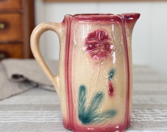Antique French Stoneware Pitcher | Tan with Pink & Teal Floral Jug