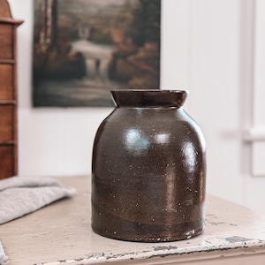 Antique Brown Salt Glazed Stoneware Crock, Canning Crock, Farmhouse Kitchen Storage Crock | Utensil Holder | Pottery Vase | Farmhouse Decor