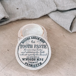 Woods Toothpaste Pot | Areca Nut Tooth Paste Jar | Antique English Advertising Lidded Pot | Victorian Era Ironstone Jar | European Farmhouse