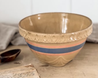 Yellowware Vintage Stoneware USA Mixing Bowl, Yellow, Pink + Blue Striped Bowl, Farmhouse Nesting Bowl, Country Kitchen, Primitive Stoneware