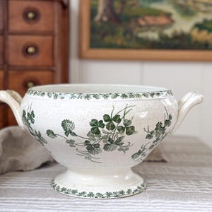 Antique French Ironstone Footed Soup Tureen | Terre de Fer “Madeleine” | Green Transferware