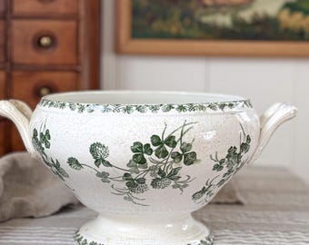 Antique French Ironstone Footed Soup Tureen | Terre de Fer “Madeleine” | Green Transferware