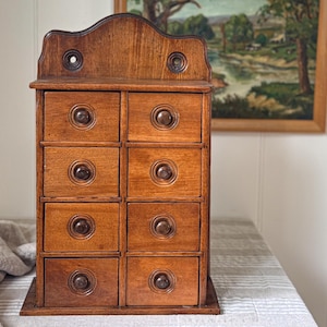 Vintage Wooden Spice Cabinet | Solid Wood Wall Cabinet with 8 Drawers | Rustic Farmhouse Storage