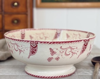 Antique French Red Transferware Ironstone Footed Bowl, Rambouillet Makers Mark