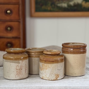 Collection of Small Antique English Stoneware Jars | Set of 4 Victorian Kitchen Pots
