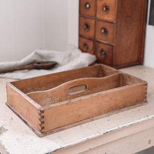 Wooden Cutlery Tray | Weathered Wooden Carryall Tote | Primitive Farmhouse Kitchen Wood Tray | Farmhouse + Cottage + Transitional