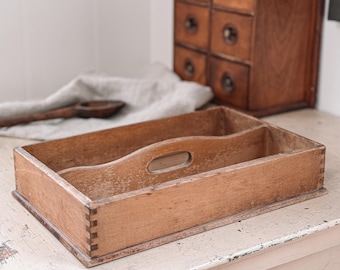 Wooden Cutlery Tray | Weathered Wooden Carryall Tote | Primitive Farmhouse Kitchen Wood Tray | Farmhouse + Cottage + Transitional