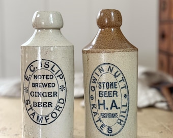 CHOICE Antique English Stoneware Ginger Beer Bottles, 1800s Farmhouse Decor