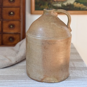 Large Antique Salt Glazed Stoneware Crock Jug | Caramel Glazed Pot with Handle | Primitive Farmhouse Decor
