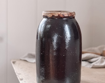 Vintage Brown Salt Glazed Stoneware Crock, Farmhouse Decor