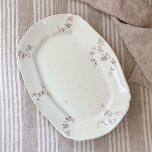 Könnte beinhalten: Eine ovale Servierplatte aus Keramik mit cremefarbener Glasur und gewelltem Rand. Die Platte ist mit zarten, verstreuten Blumenmotiven in gedeckten Rosa-, Blau- und Brauntönen verziert und weist sichtbare Altersspuren und Abnutzungen auf.
