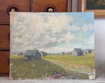 Peinture à l'huile originale vintage sur toile | Paysage rural avec des bâtiments