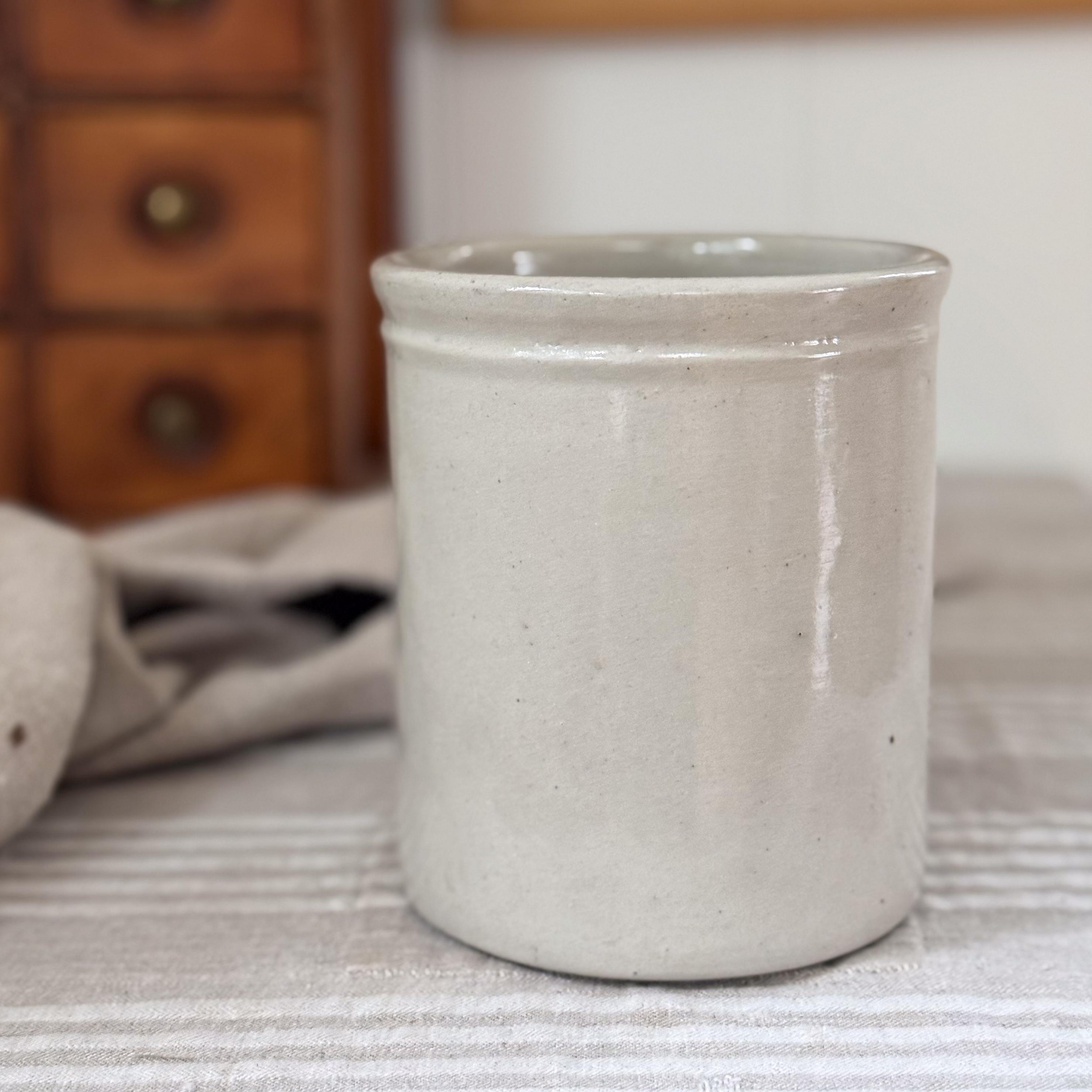 Small Vintage Tan Glazed Stoneware Crock Utensil Holder, Farmhouse Decor