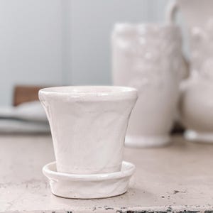 Vintage Creamy White Petite Pottery Planter | Crazed Stoneware with Saucer