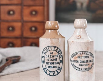 CHOICE Antique English Stoneware Ginger Beer Bottles, 1800s Collectible Crock