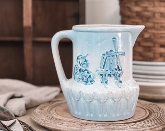 Blau + Weißer, holländischer Steingutkrug, Windmühlenkrug | Blumenvase | Vintage Krug | Landhaus, Übergang, Bauernhaus