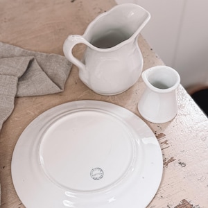 Trio of Ironstone Pitcher, Creamer and Plate | Small Ironstone Pitcher | White Ironstone Set | Farmhouse + Cottage + Country + Transitional