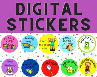 May include: A set of 12 digital stickers for teachers. The stickers feature colourful illustrations and positive messages such as "Fantastic Work!" and "Keep up the great work!"