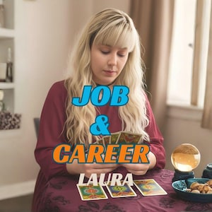 May include: A woman with long blonde hair is seated at a table, reading tarot cards. The image includes the text "JOB & CAREER" and "LAURA". A lit crystal ball and a small dish of snacks are on the table.