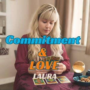 以下が含まれることがあります： 金髪の女性がテーブルに座り、タロットカードを持っています。「Commitment & Love」の文字が上に表示され、下に「LAURA」と表示されています。 照らされたクリスタルボールと小さな皿がテーブルにあります。
