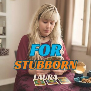 Pode incluir: Uma pessoa segura cartas de tarô, com o texto "FOR STUBBORN LAURA" sobreposto. Uma bola de cristal, um prato pequeno com lanches e um pote decorativo estão sobre a mesa. A pessoa está vestindo uma blusa bordô.