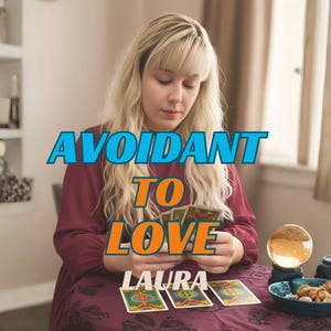 Pode incluir: Uma pessoa loira está lendo cartas de tarô. A imagem tem o texto "Avoidant to Love" e "Laura". Uma bola de cristal iluminada e um prato pequeno com comida estão sobre a mesa.