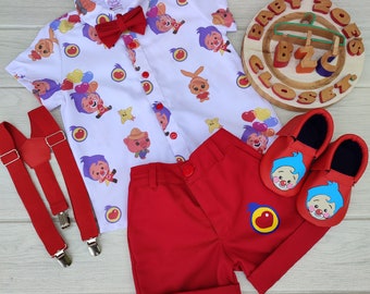 Conjunto de cumpleaños Plim Plim hecho a mano: camisa, pantalones cortos, zapatos, tirantes y pajarita personalizados.
