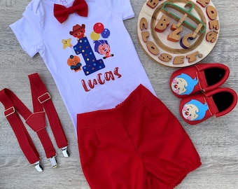 Conjunto de cumpleaños Plim Plim hecho a mano: camisa, pantalones cortos y pajarita personalizados