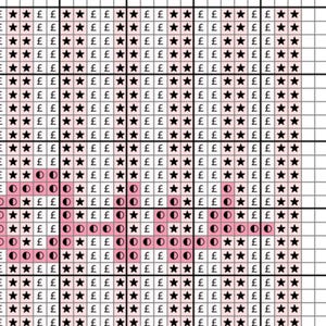 May include: A cross-stitch pattern chart with a grid of squares. The chart uses black stars, pink circles, and the pound symbol (&pound;) to create a design. The pattern is for a craft project.