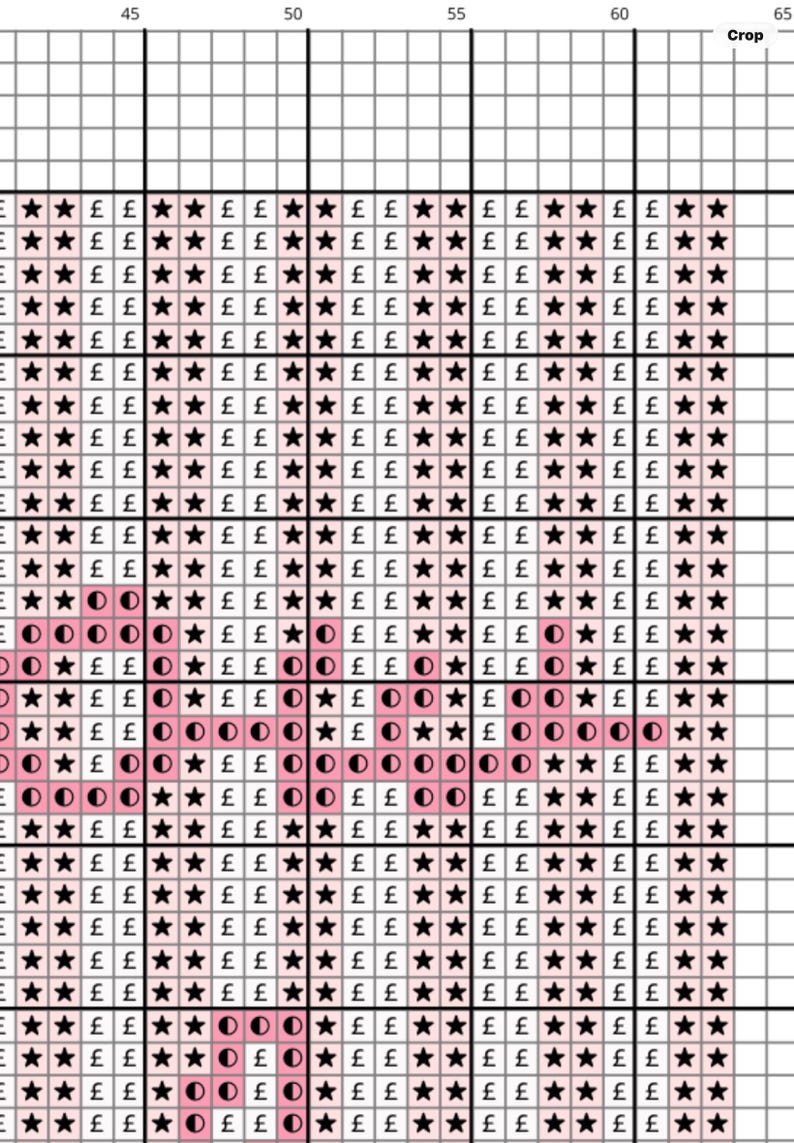 May include: A cross-stitch pattern chart with a grid of squares. The chart uses black stars, pink circles, and the pound symbol (&pound;) to create a design. The pattern is for a craft project.
