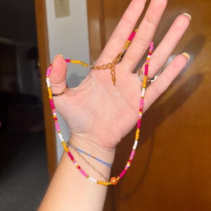 Seed Bead Necklace: Orange, Pink & White with Gold Accents