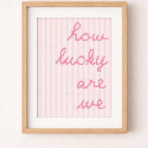 Op de afbeelding: Een ingelijst kruissteekkunstwerk met de woorden "how lucky are we" in roze draad. De achtergrond heeft een roze en wit gestreept patroon. Het frame is gemaakt van lichtgekleurd hout.