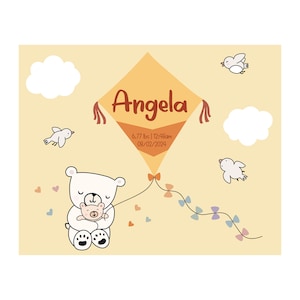 Custom Newborn Nursery Print, Nursery Art: Personalized Name, Birth Date, Time of Birth and Weight -Bears & Kites-Personalized Baby Wall Art