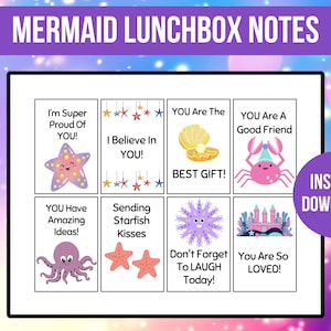 Notas imprimíveis da lancheira da sereia, cartões de afirmação positiva para a escola, cartões encorajadores para crianças, notas motivacionais sob o mar