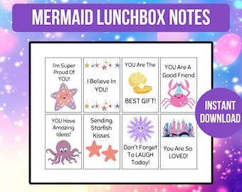 Mermaid Lunchbox Notes for Kids | Printable Positive Affirmations Cards | Back to School | Instant Download
