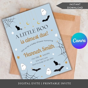 Editable Blue Little Boo Baby Shower Invitation | Printable Halloween Baby Shower Template | Ghost Boy Evite | Canva Instant Download