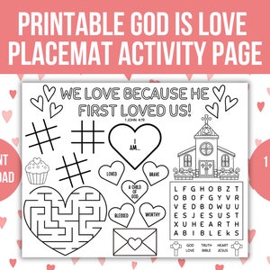 Afdrukbare Valentijnsdag Placemat, Valentijnsdag zondagsschoolambacht, christelijke kleurplaat, activiteitenpagina Kind van God