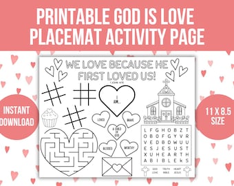 Printable Valentine's Day Placemat, Valentine's Sunday School Craft, Christian Coloring Page, Child Of God Activity Page