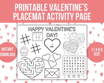 Printable Valentine's Day Placemat, Valentine's Activity Page, Happy Valentine's Day Party Craft, Instant Download Valentine's Coloring Page