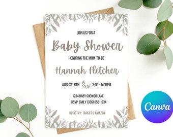 EDITABLE Modern Greenery Baby Shower Invite, Minimalist Baby Shower Invite, Printable Invitation Template, Canva Digital Evite