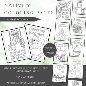 Nativity Christmas Coloring Pages | 8 Printable Bible Verse Holiday Sheets | Instant Download | Happy Birthday Jesus Coloring