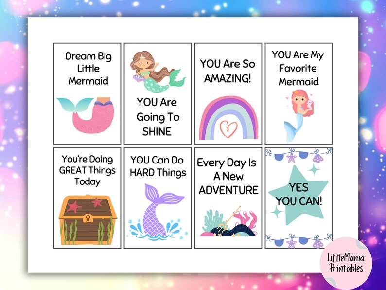 Mermaid Notes Mermaid Lunchbox Notes for Kids | Printable Positive Affirmations Cards ...