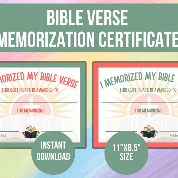 PRINTABLE Bible Verse Memorization Certificate, Sunday School Award, Bible Achievement Award, Kids Church Certificate